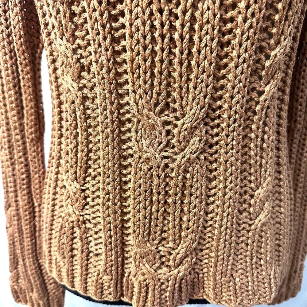 Vintage Anne Klein 90s Linen Blend Cable Knit Fisherman Sweater Camel SzM